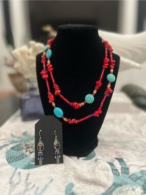 Brand New! Red Coral-Style & Turquoise Layered Bead Necklace and Bonus Earrings